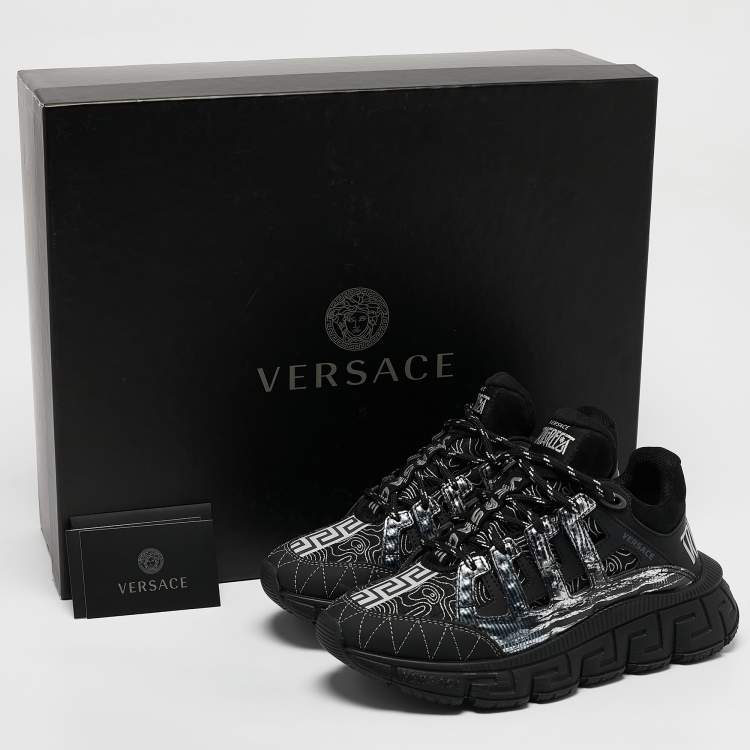 Pre Owned Versace Black Leather and Canvas Trigreca Sneakers Size 35