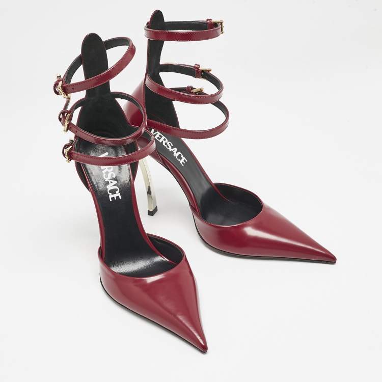 Pre Owned Versace Burgundy Brushed Leather Pin-Point Ankle Strap Pumps Size 36