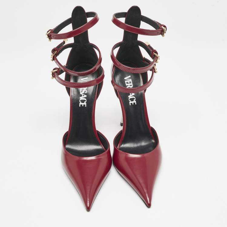 Pre Owned Versace Burgundy Brushed Leather Pin-Point Ankle Strap Pumps Size 36