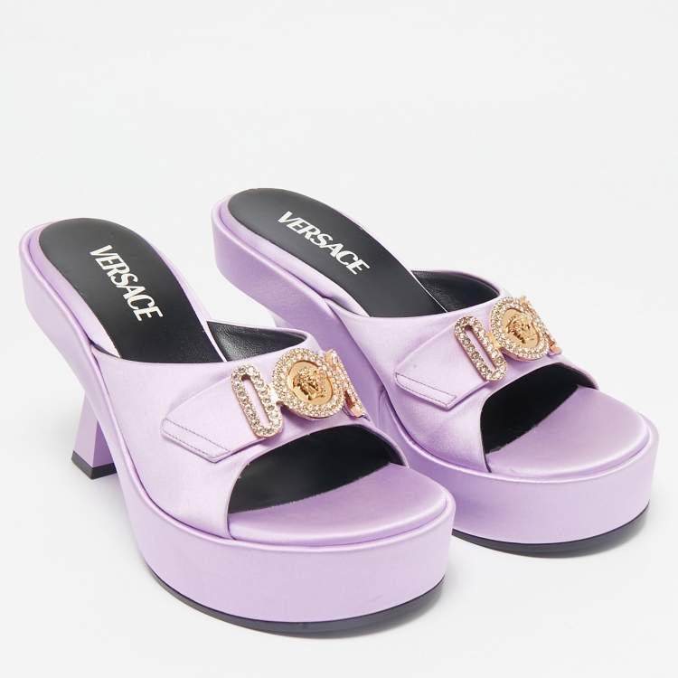 Pre Owned Versace Purple Satin Medusa Biggie Mules Size 37