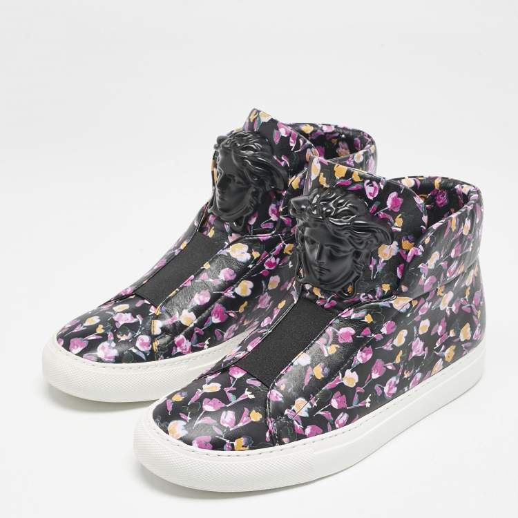 Pre Owned Versace Multicolor Floral Print Leather Medusa High Top Sneakers Size 38