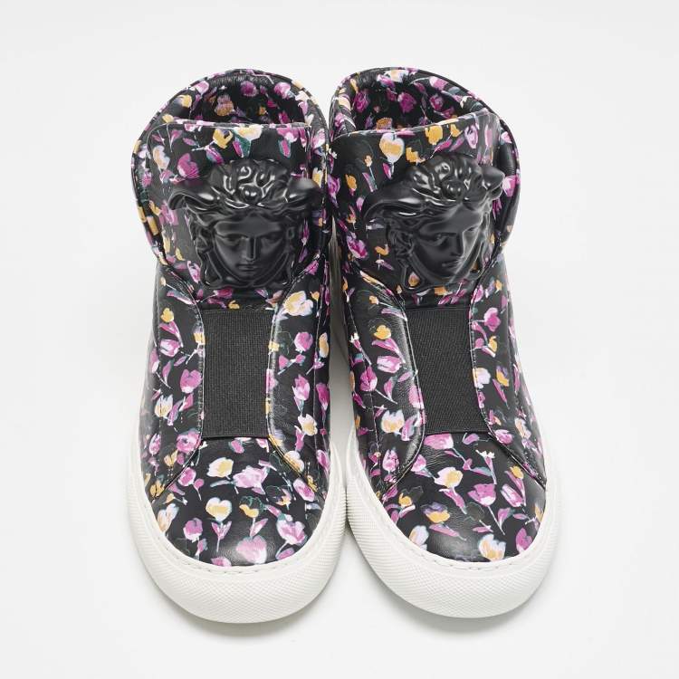 Pre Owned Versace Multicolor Floral Print Leather Medusa High Top Sneakers Size 38