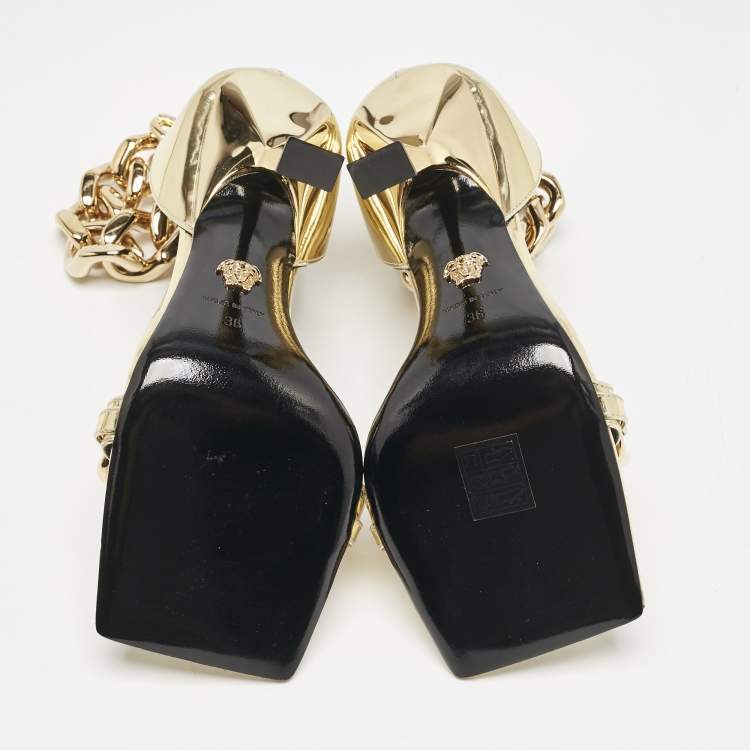 Pre Owned Versace Gold Leather Medusa Chain Ankle Strap Sandals Size 36