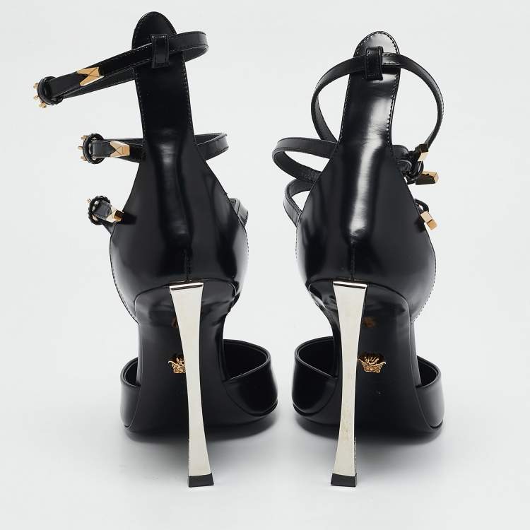 Pre Owned Versace Black Brushed Leather Pin-Point Ankle Strap Pumps Size 39