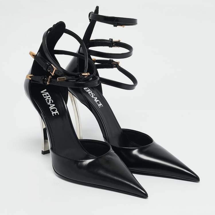 Pre Owned Versace Black Brushed Leather Pin-Point Ankle Strap Pumps Size 39