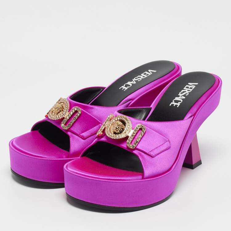 Pre Owned Versace Fuchsia Satin Medusa Biggie Mules Size 37