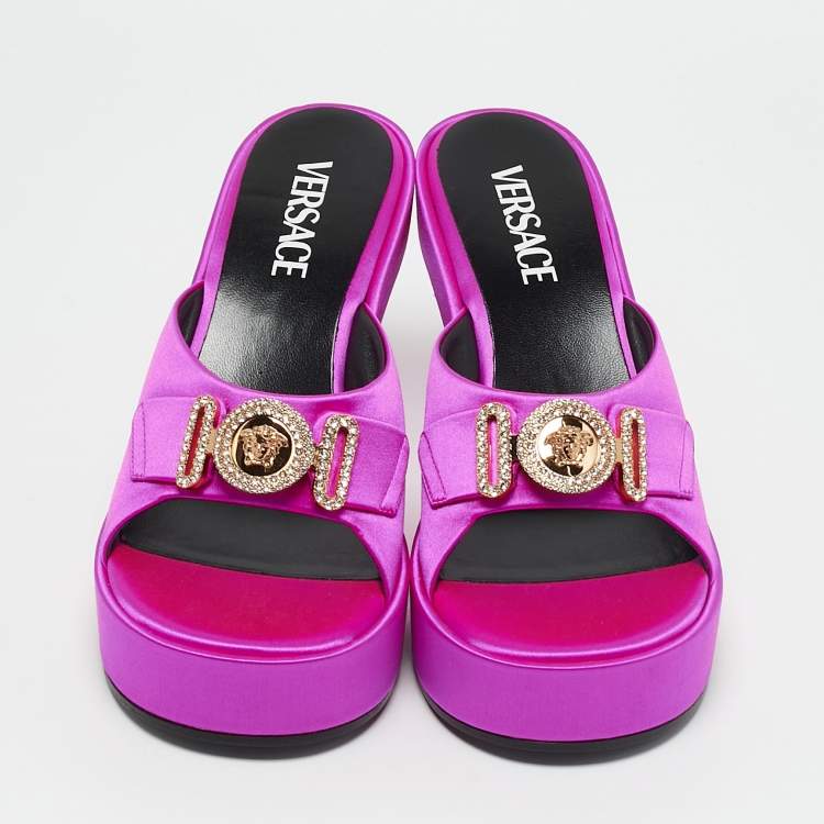 Pre Owned Versace Fuchsia Satin Medusa Biggie Mules Size 37
