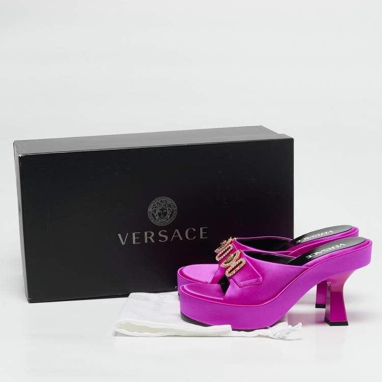 Pre Owned Versace Fuchsia Satin Medusa Biggie Mules Size 37