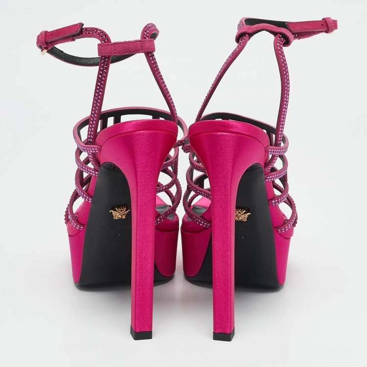 Pre Owned Versace Pink Satin Crystal Embellished Platform Sandals Size 39