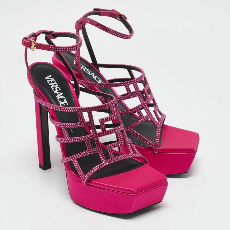 Pre Owned Versace Pink Satin Crystal Embellished Platform Sandals Size 39