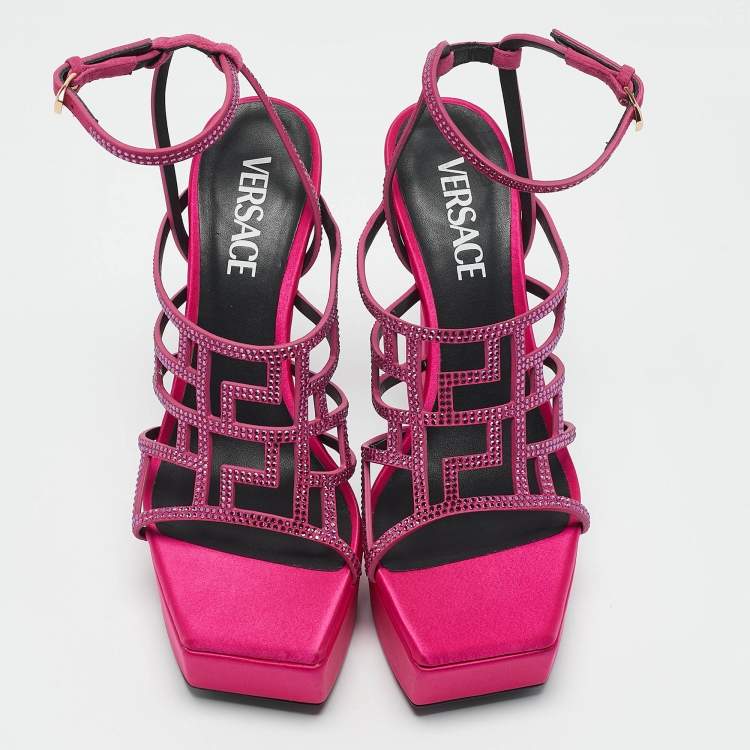 Pre Owned Versace Pink Satin Crystal Embellished Platform Sandals Size 39