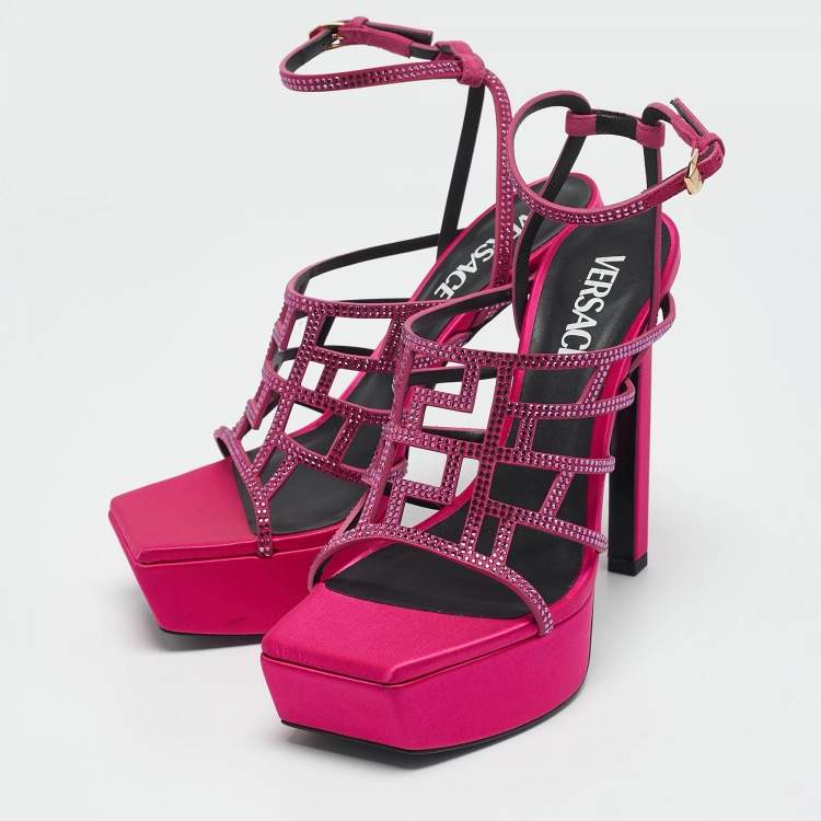 Pre Owned Versace Pink Satin Crystal Embellished Platform Sandals Size 39