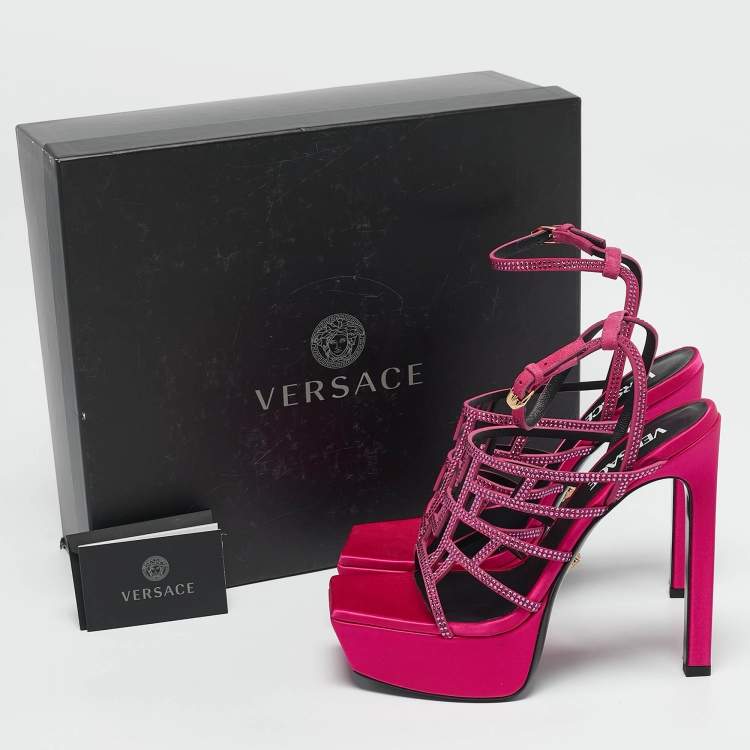 Pre Owned Versace Pink Satin Crystal Embellished Platform Sandals Size 39