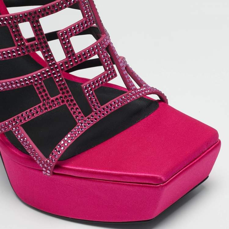 Pre Owned Versace Pink Satin Crystal Embellished Platform Sandals Size 39