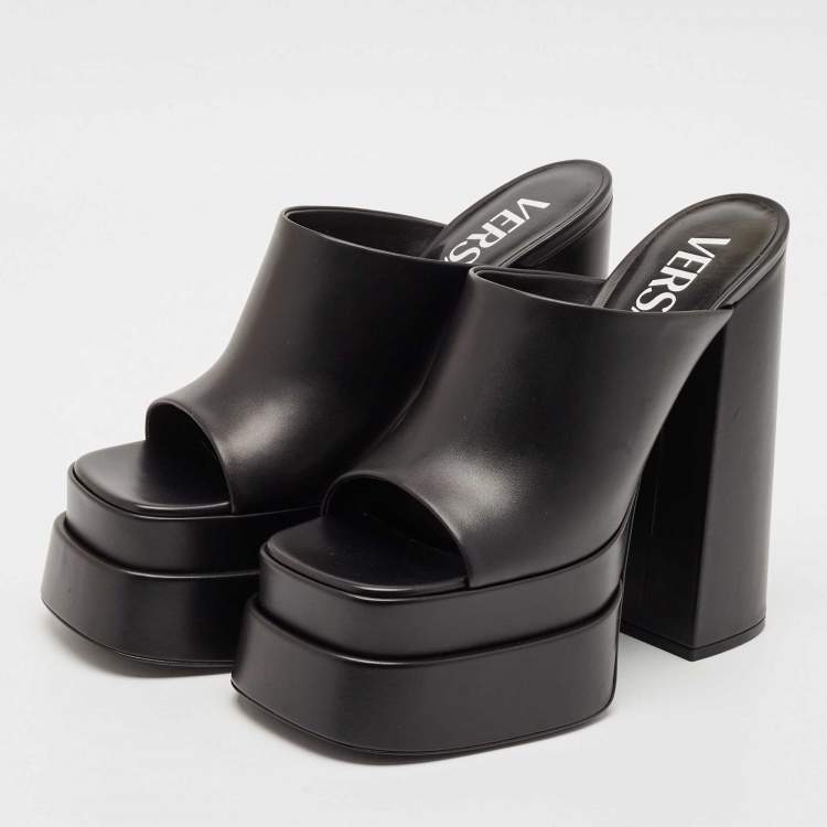 Pre Owned Versace Black Leather Platform Mules Size 41