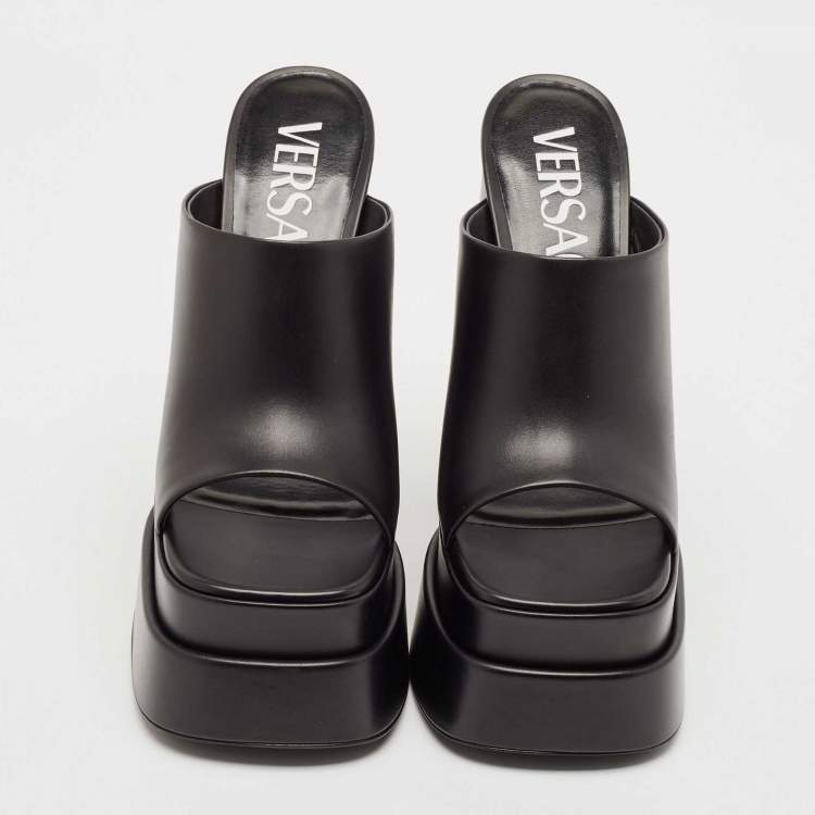 Pre Owned Versace Black Leather Platform Mules Size 41