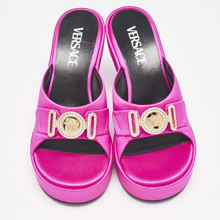 Pre Owned Versace Fuchsia Satin Medusa Biggie Slide Sandals Size 36