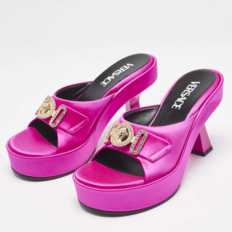 Pre Owned Versace Fuchsia Satin Medusa Biggie Slide Sandals Size 36