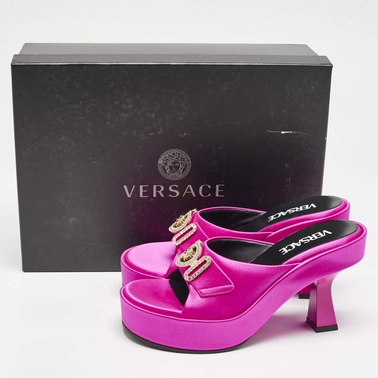 Pre Owned Versace Fuchsia Satin Medusa Biggie Slide Sandals Size 36