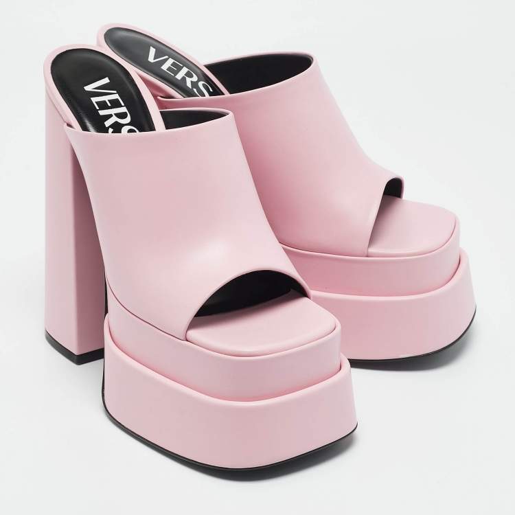 Pre Owned Versace Light Pink Leather Platform Mules Size 37