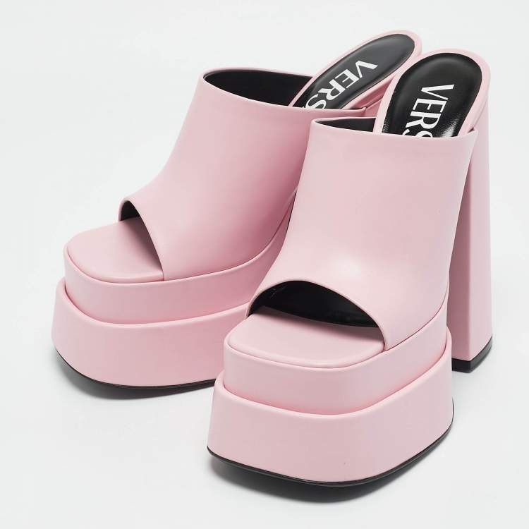 Pre Owned Versace Light Pink Leather Platform Mules Size 37