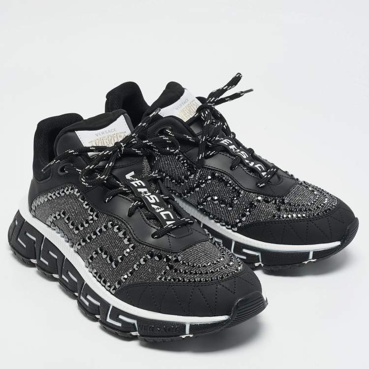 Pre Owned Versace Black/Grey Leather and Lurex Fabric Trigreca Sneakers Size 40