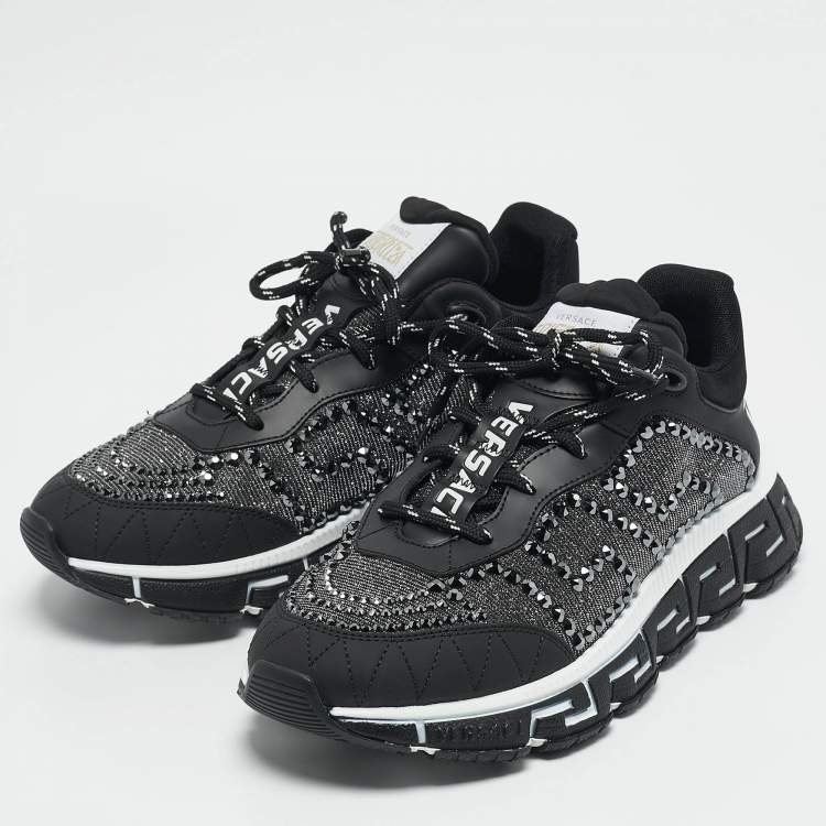 Pre Owned Versace Black/Grey Leather and Lurex Fabric Trigreca Sneakers Size 40