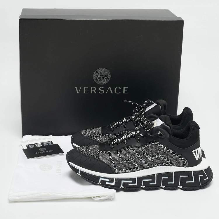 Pre Owned Versace Black/Grey Leather and Lurex Fabric Trigreca Sneakers Size 40