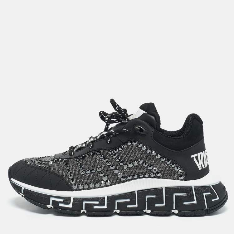 Pre Owned Versace Black/Grey Leather and Lurex Fabric Trigreca Sneakers Size 40