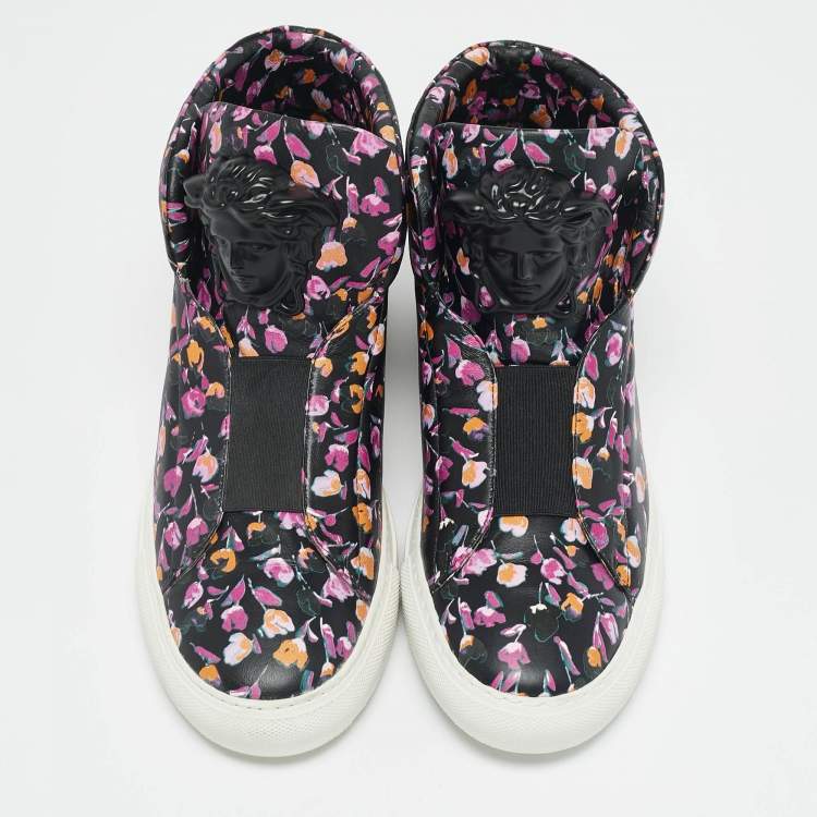 Pre Owned Versace Multicolor Printed Leather Medusa Strap High Top Sneakers Size 40