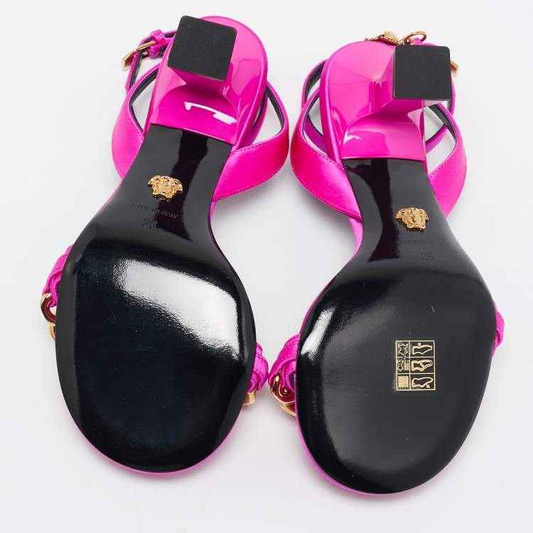 Pre Owned Versace Pink Satin Medusa Chain Ankle Strap Sandals Size 36