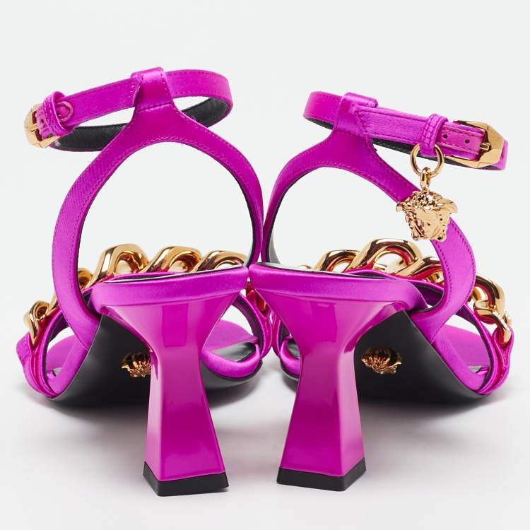 Pre Owned Versace Pink Satin Medusa Chain Ankle Strap Sandals Size 36