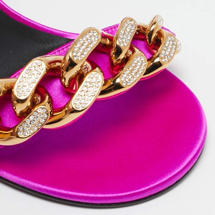 Pre Owned Versace Pink Satin Medusa Chain Ankle Strap Sandals Size 36