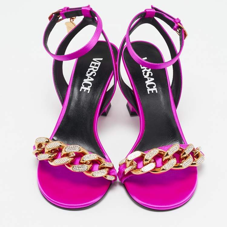 Pre Owned Versace Pink Satin Medusa Chain Ankle Strap Sandals Size 36