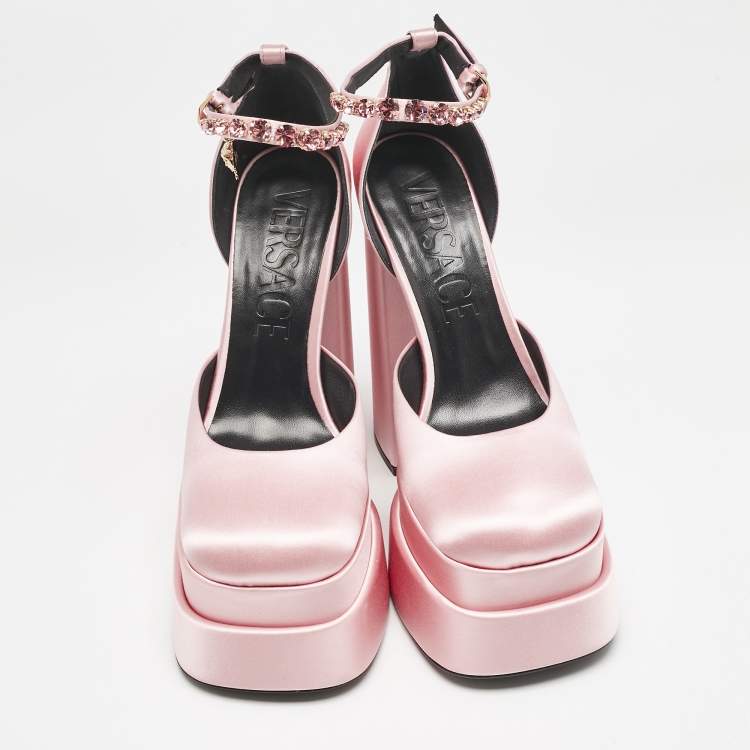 Pre Owned Versace Light Pink Satin Crystal Aevitas Platform Pumps Size 40