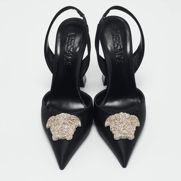 Pre Owned Versace Black Satin Crystal Embellished La Medusa Slingback Pumps Size 35.5