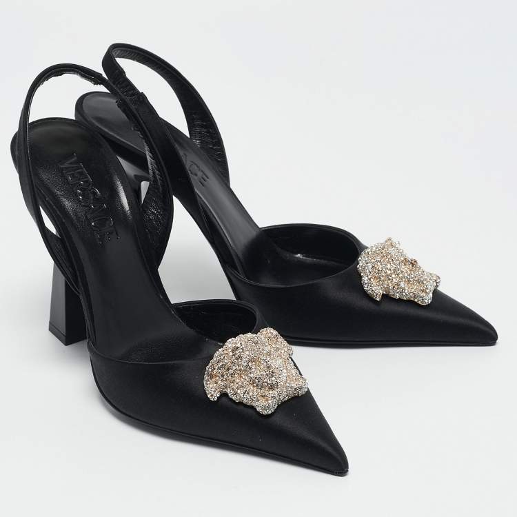 Pre Owned Versace Black Satin Crystal Embellished La Medusa Slingback Pumps Size 35.5