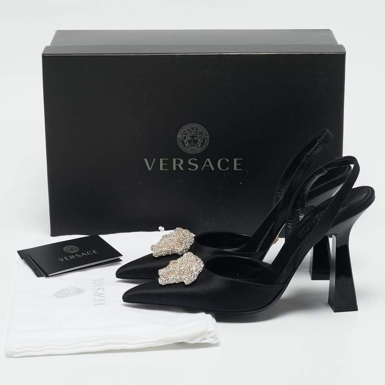 Pre Owned Versace Black Satin Crystal Embellished La Medusa Slingback Pumps Size 35.5
