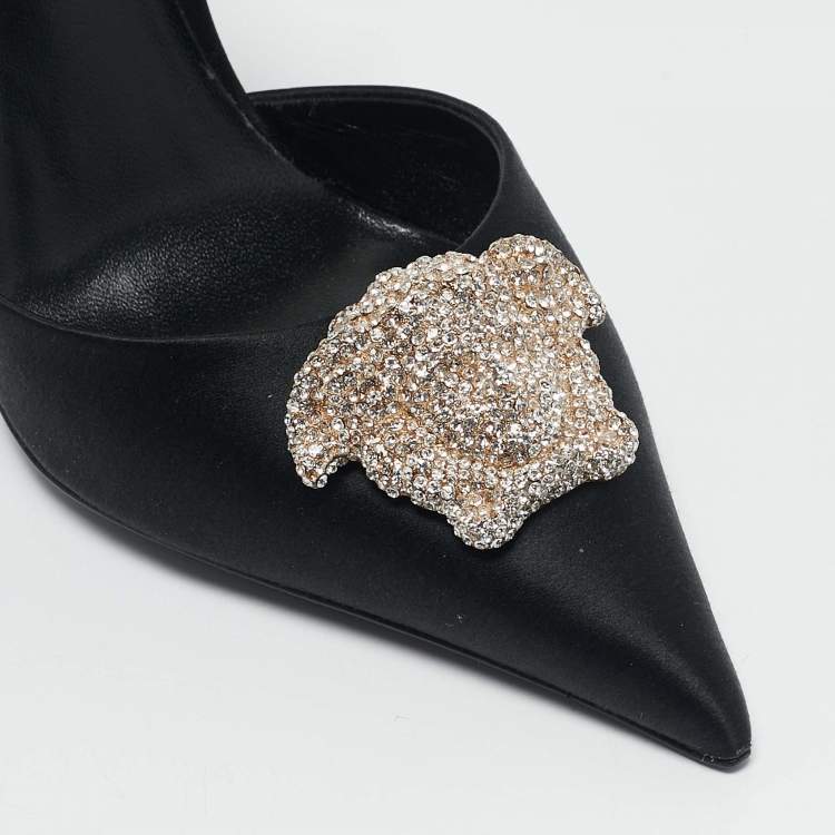 Pre Owned Versace Black Satin Crystal Embellished La Medusa Slingback Pumps Size 35.5