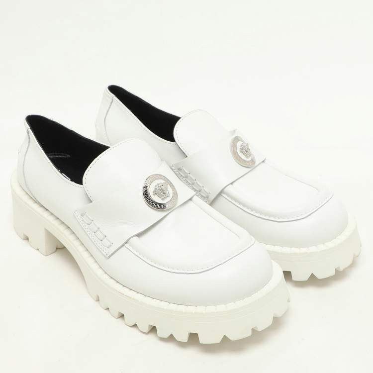 Pre Owned Versace White Leather Medusa Loafers Size 39.5