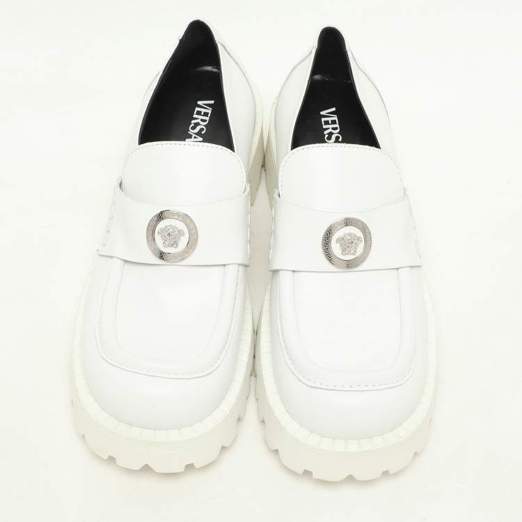 Pre Owned Versace White Leather Medusa Loafers Size 39.5