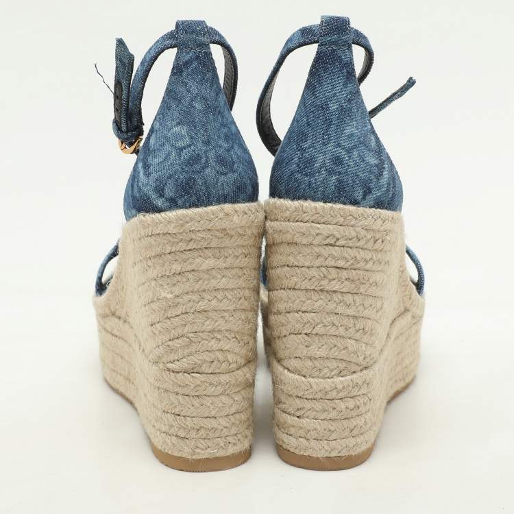 Pre Owned Versace Blue Denim Wedge Espadrille Ankle Sandals Size 39