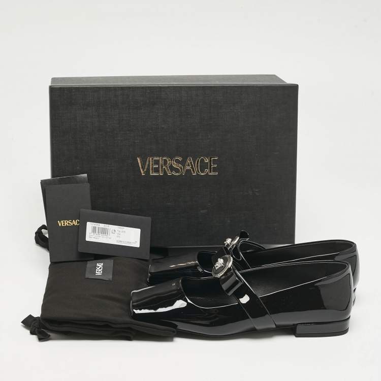 Pre Owned Versace Black Patent Leather Gianni Ribbon Ballet Flats Size 37