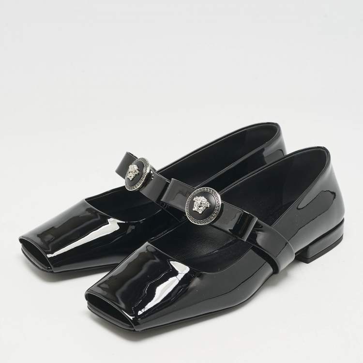 Pre Owned Versace Black Patent Leather Gianni Ribbon Ballet Flats Size 37