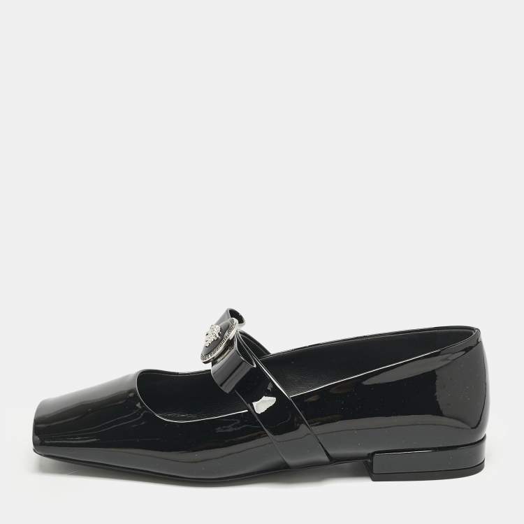 Pre Owned Versace Black Patent Leather Gianni Ribbon Ballet Flats Size 37