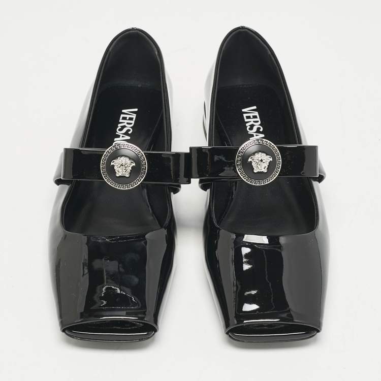 Pre Owned Versace Black Patent Leather Gianni Ribbon Ballet Flats Size 37