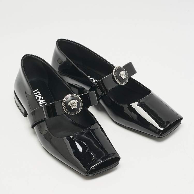 Pre Owned Versace Black Patent Leather Gianni Ribbon Ballet Flats Size 37