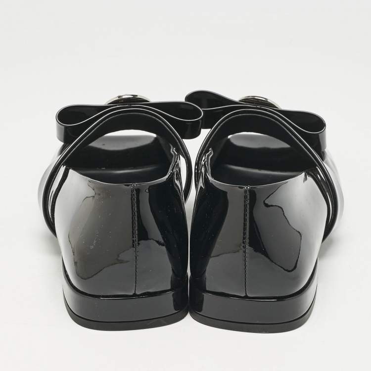 Pre Owned Versace Black Patent Leather Gianni Ribbon Ballet Flats Size 37