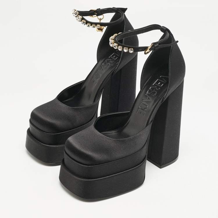 Pre Owned Versace Black Satin Medusa Aevitas Double Platform Pumps Size 39