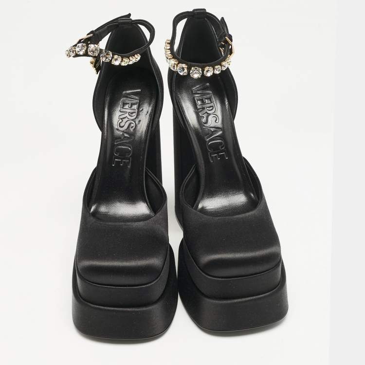 Pre Owned Versace Black Satin Medusa Aevitas Double Platform Pumps Size 39